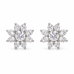 Classic Star Halo Earrings with White Round Stone - on White Gold
