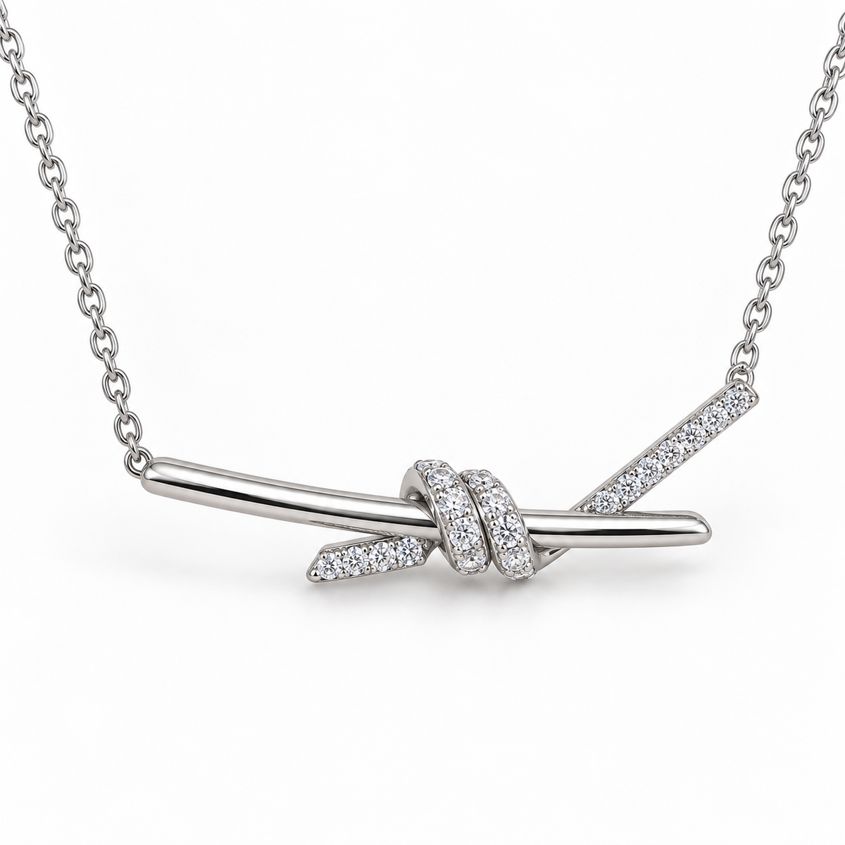 Knot Bar Necklace with White Round Stone - on White Gold
