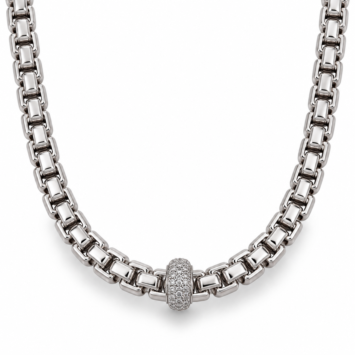 Pave Bead Box Chain Necklace with White Round Stone - on White Gold