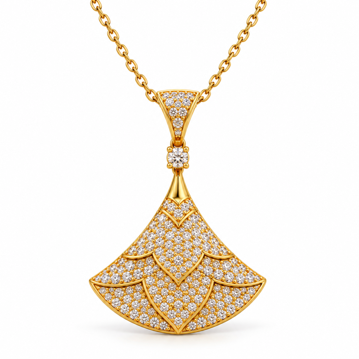 Ornate Fan Pave Necklace with White Round Stone - on Yellow Gold