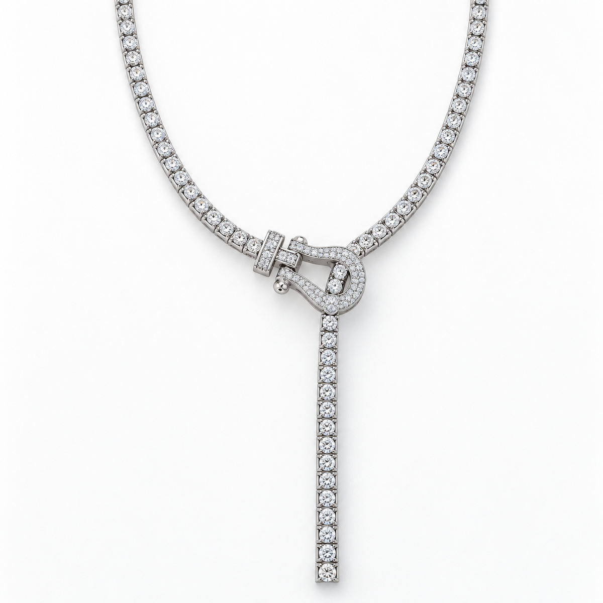 Horseshoe Tennis Lariat Necklace with white round stones on white gold, cleaned product reference