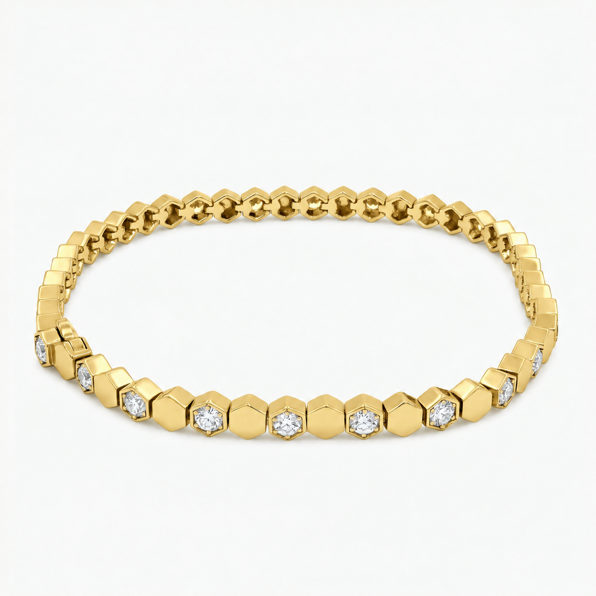Honeycomb Bracelet with White Round Stone – on Yellow Gold, angled view