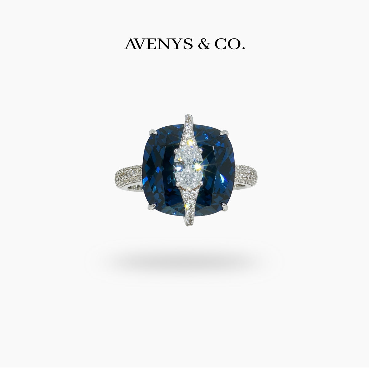 Embrace Pave Ring with Blue Cushion Stone – on White Gold