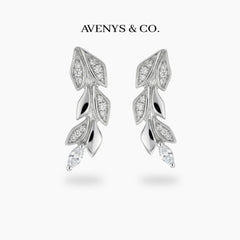 Leaf Earrings with White Round Stone – on White Gold