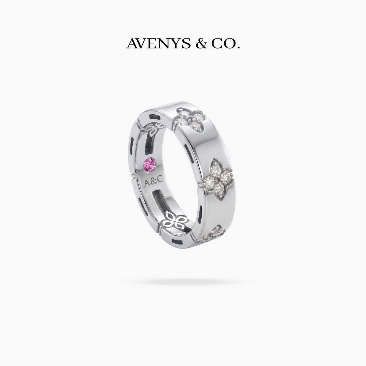 Quatrefoil Ring with White Round Stone on White Gold – angled view
