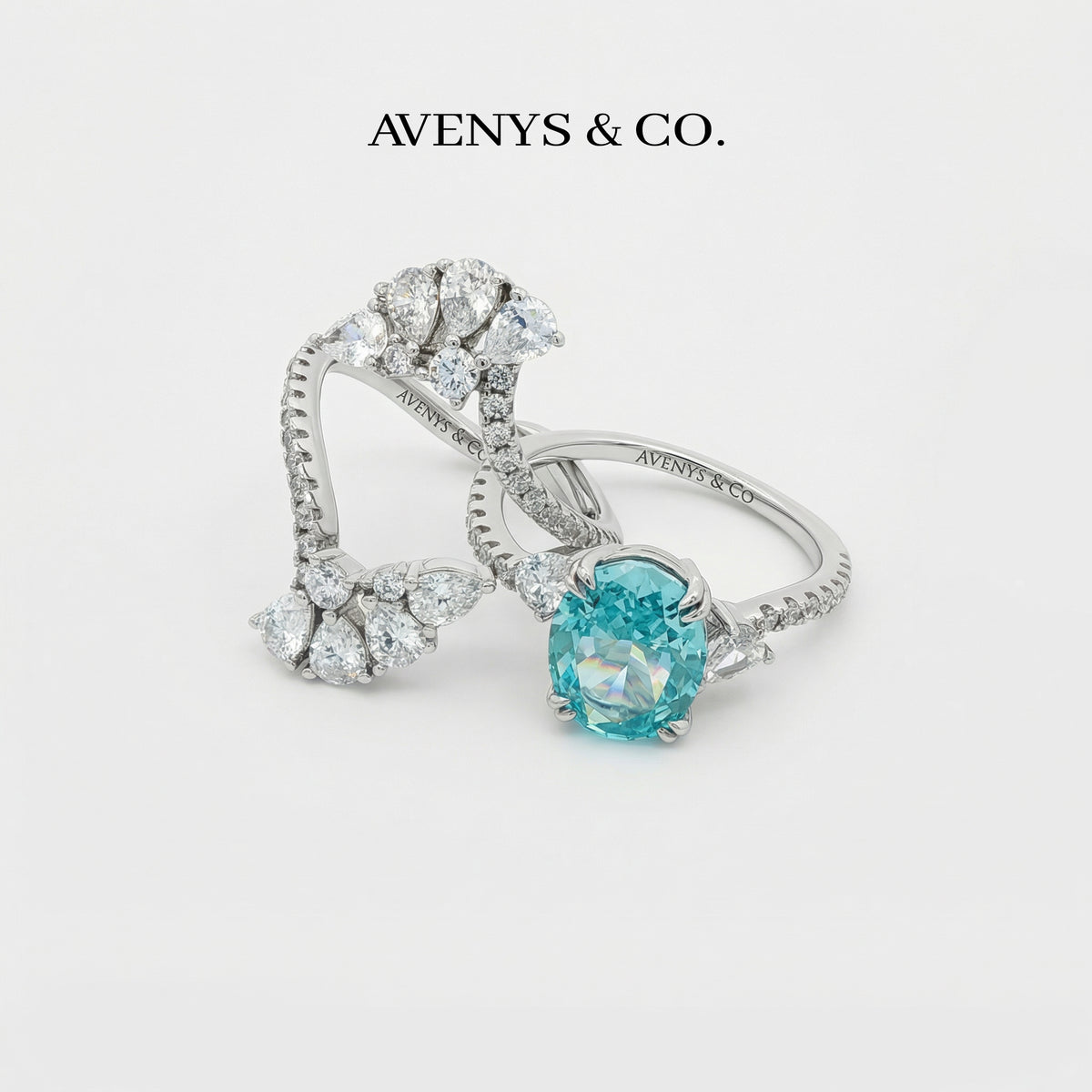 Lagoon Pave Ring with Stacking Band with Paraiba Oval Stone – on White Gold