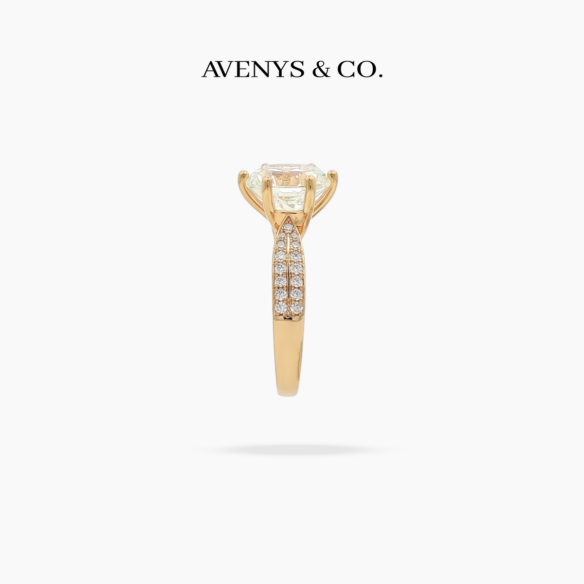 Twist Pave Solitaire Ring with white round stone on yellow gold, view 8