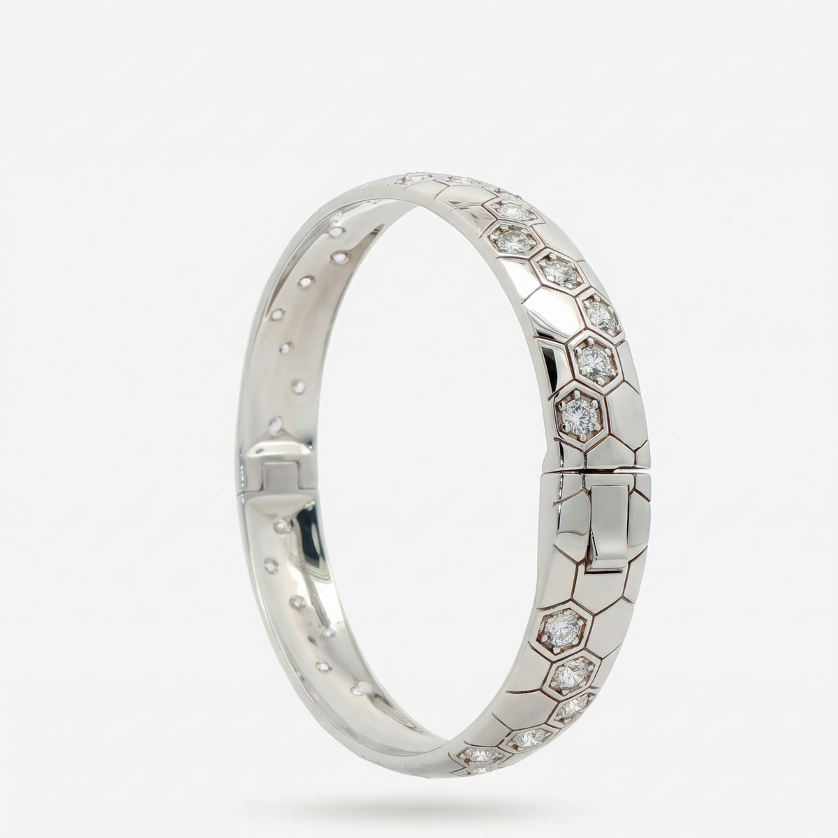 Honeycomb Wide Bangle with White Round Stone – on White Gold