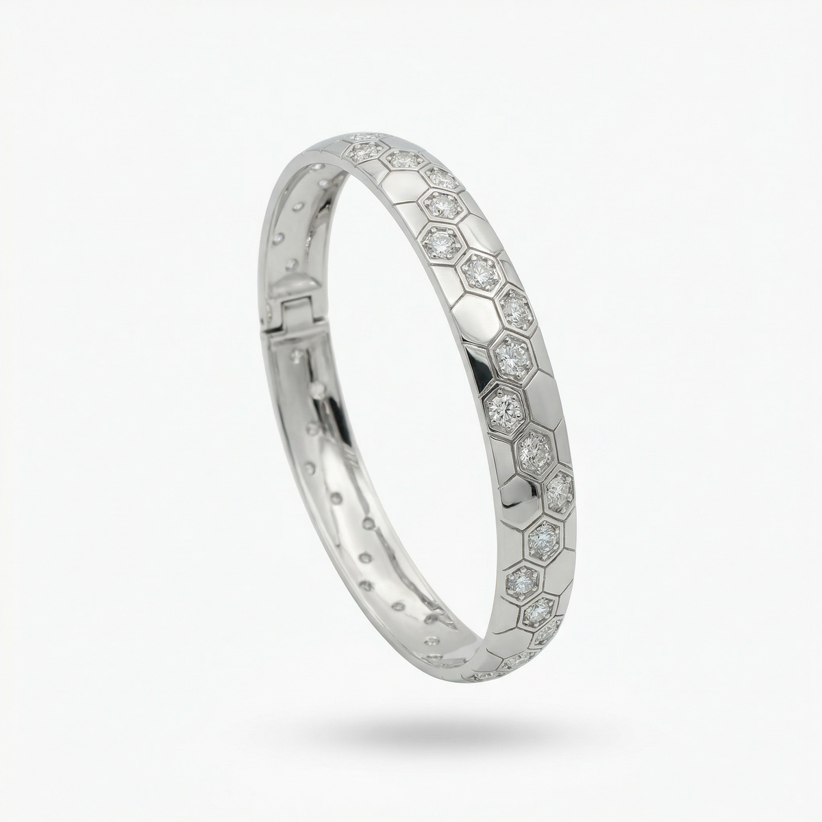 Honeycomb Wide Bangle with White Round Stone – on White Gold