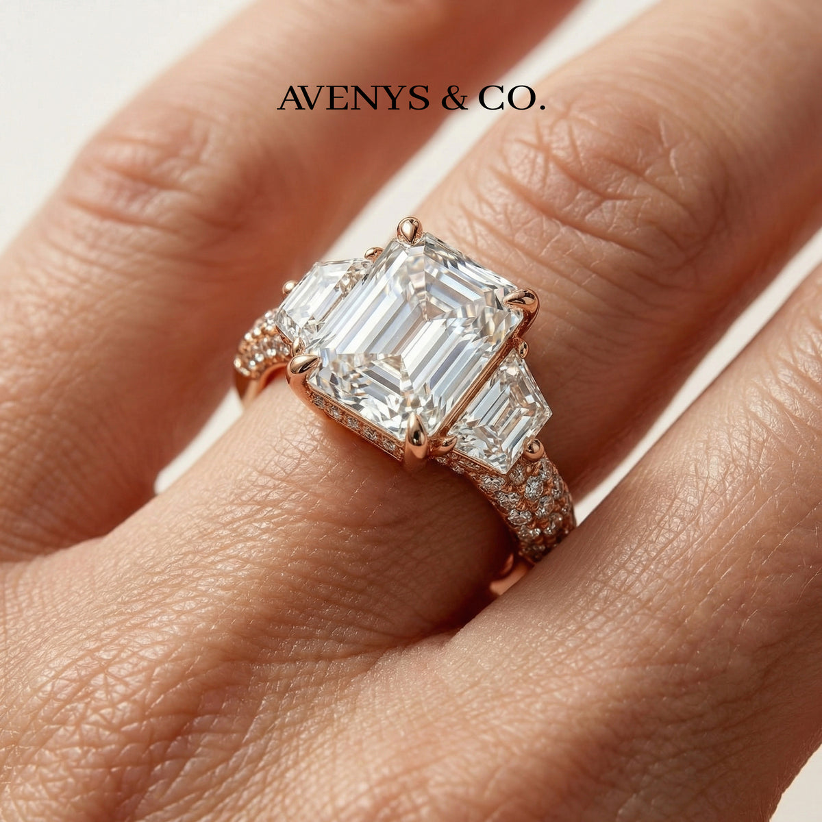Trilogy Pave Ring with White Emerald Stone – on Rose Gold