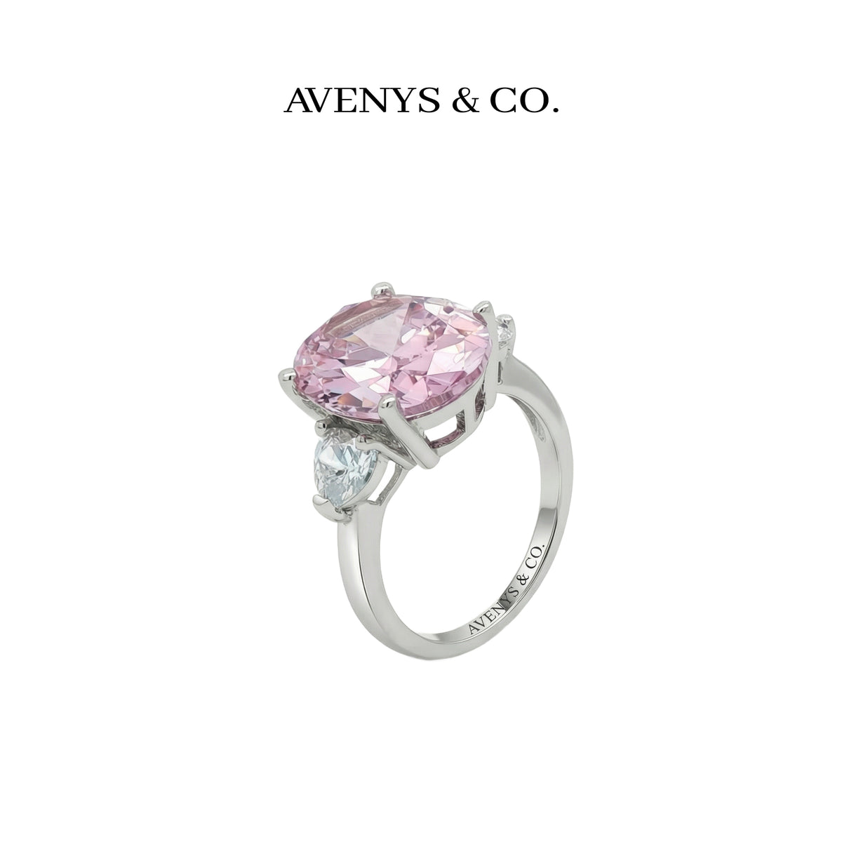 Oval Trilogy Pear Ring with Pink Oval Stone – on White Gold