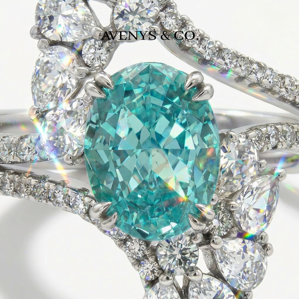 Lagoon Pave Ring with Stacking Band with Paraiba Oval Stone – on White Gold
